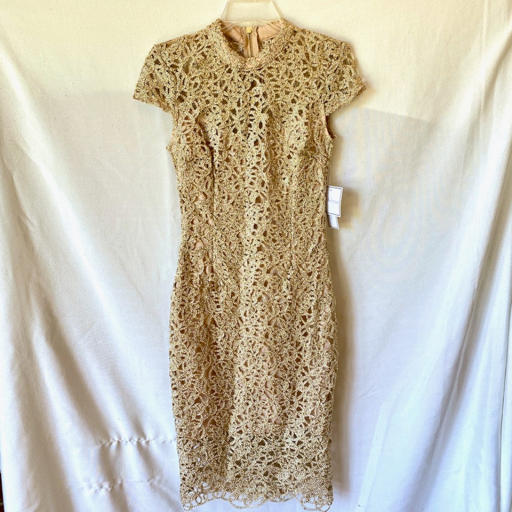 Premier Amore gold lace cap sleeve midi dress Size 2 New with Tags